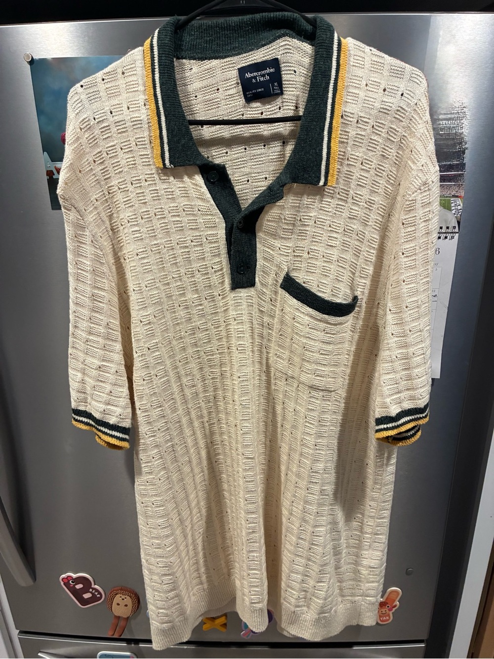 Abercrombie & Fitch Cream Knit Polo with Dark Green and Yellow Trim
